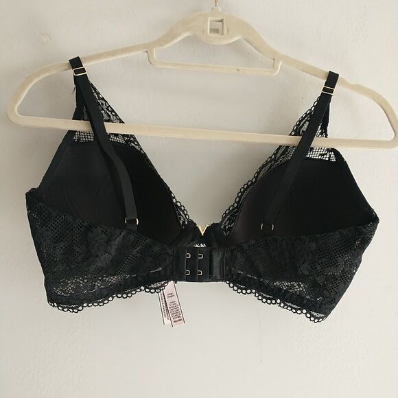 Victoria Secret Plunge Bra 36D Black Floral Lace Underwire Logo - Picture 6 of 11